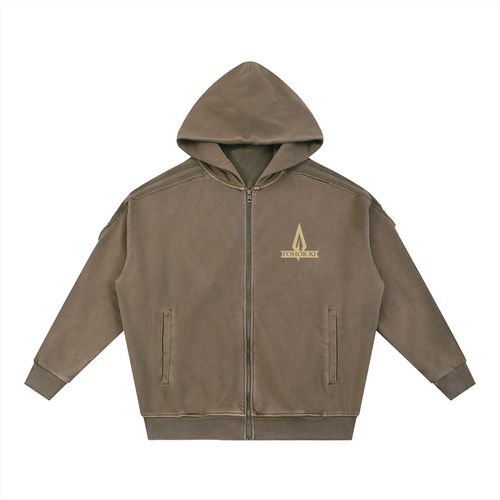 Snow Washed Tape Raw Edge Zip Hoodie | TKUMAA