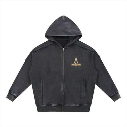 Snow Washed Tape Raw Edge Zip Hoodie | TKUMAA