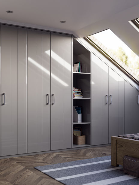 Grey custom made attic built in wardrobes. System 35 bedrooms Huddersfield, West Yorkshire