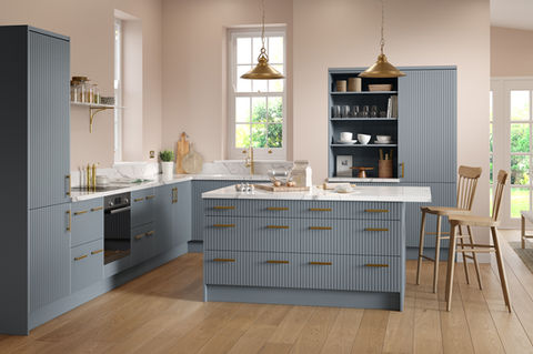 Grey fluted kitchen style with centre island. System 35 Kitchens Huddersfield, West Yorkshire.