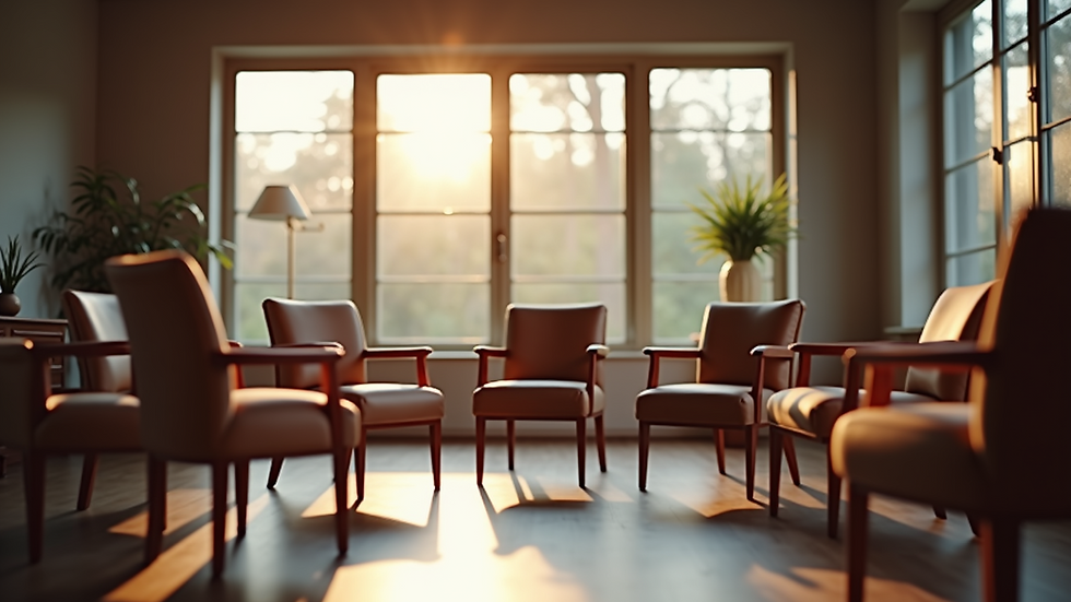 Eye-level view of a cozy room with chairs arranged in a circle for group discussion