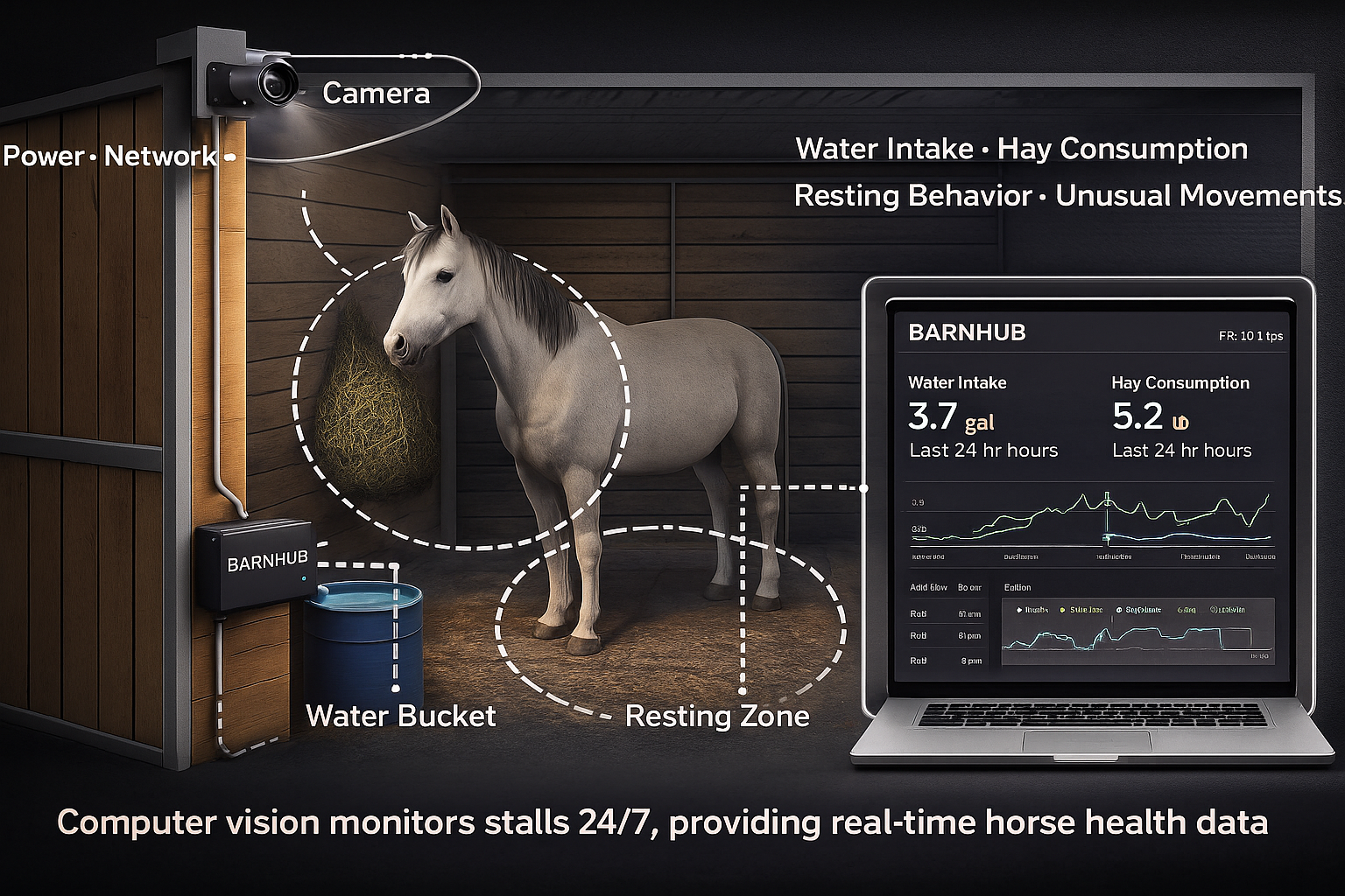 Barn monitoring and computer-vision system shown across stable, camera, and monitoring contexts