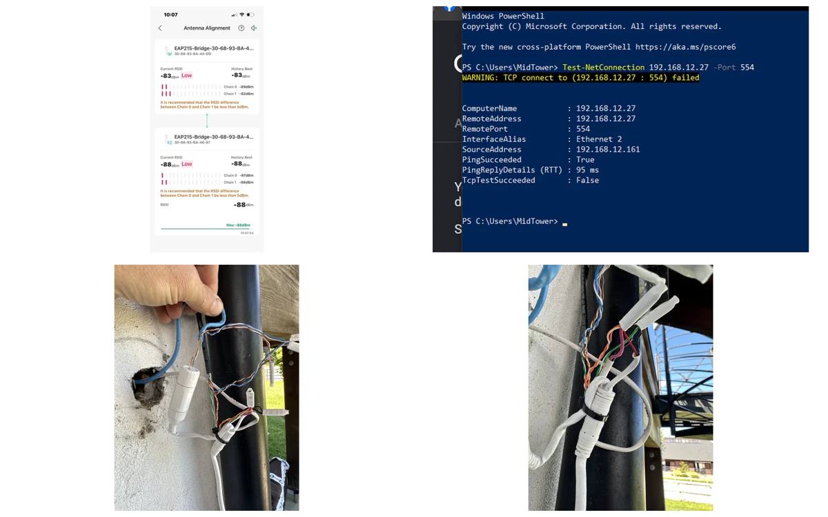 Field evidence showing wireless bridge antenna alignment, PowerShell TCP testing, and physical network cabling conditions