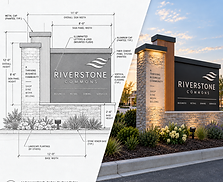 Commercial monument sign design showing a technical elevation drawing and a realistic rendering of a stone and aluminum business entrance sign.