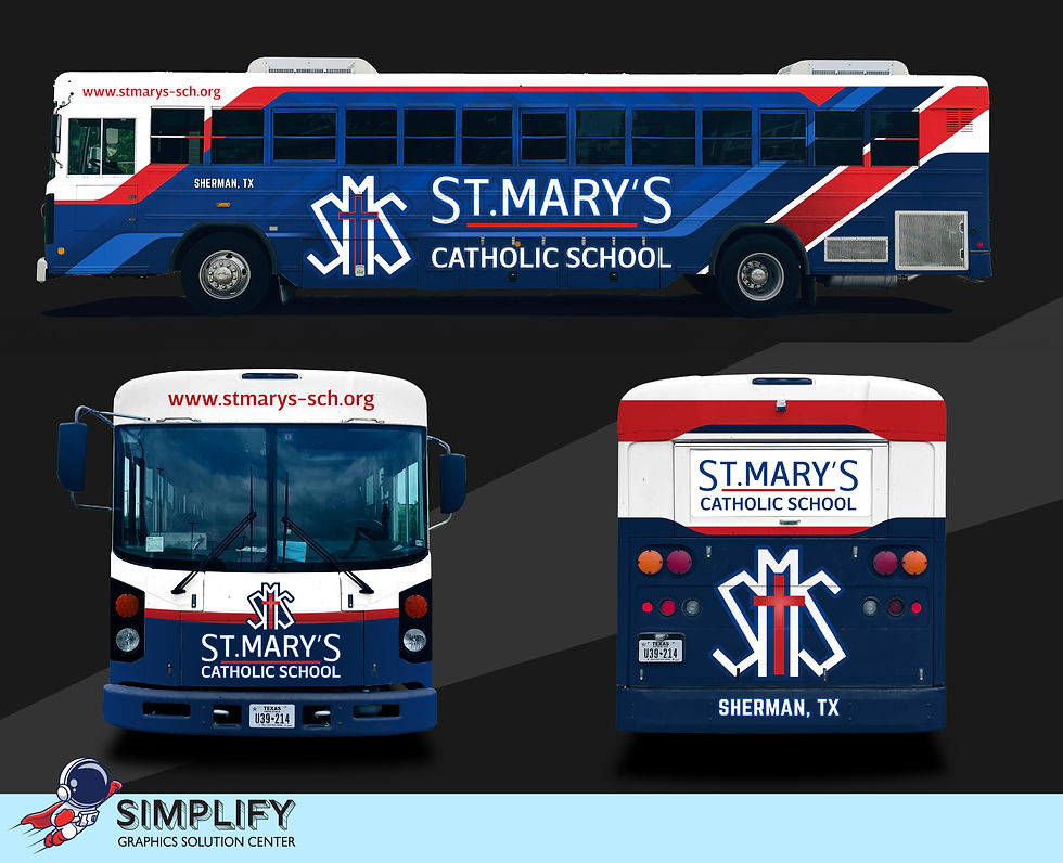 Red, white, and blue school bus labeled "St. Mary's Catholic School." Website "www.stmarys-sch.org" and text "Sherman, TX" visible.