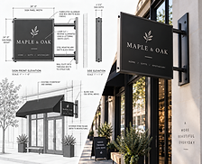 Projecting blade sign rendering showing a black, double-sided Maple & Oak sign mounted perpendicular to a storefront.
