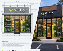 Storefront window graphics design showing a color elevation drawing and a realistic rendering of Vita Juice & Wellness window decals.