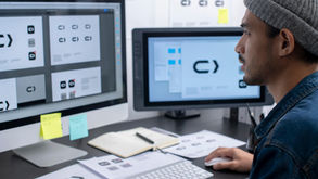 Designer working on logo designs at a desk, using two monitors. Papers, a notebook, and sticky notes are scattered. Calm, focused mood.