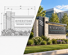 Architectural monument sign concept combining a dimensioned elevation drawing and a rendering of the Riverstone Business Center sign.