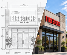 Split-view channel letter sign design showing a storefront elevation drawing and a rendering of red dimensional letters on a commercial building.
