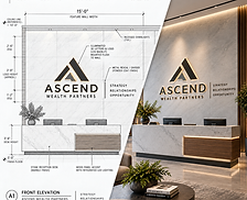 Interior dimensional letter sign rendering featuring the Ascend Wealth Partners logo mounted on a reception wall.
