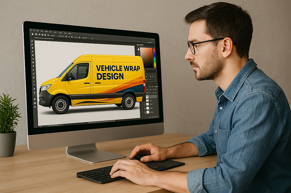 Man designs a yellow van wrap on a computer. Screen shows "VEHICLE WRAP DESIGN." He wears glasses, focused, in a minimal office.