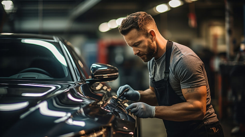 Man polishing a shiny black car in a dimly lit garage. He wears gloves and a focused expression, with blurred lights in the background.