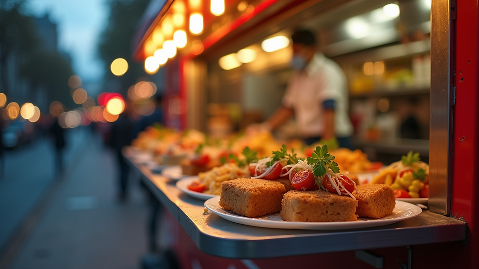 Eye-level view of a vibrant food truck serving delicious street food
