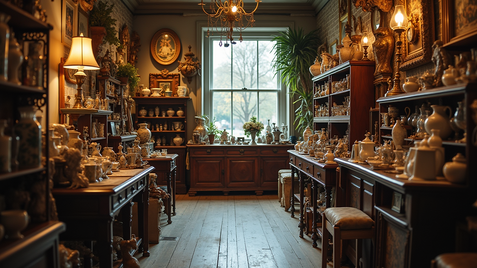 Eye-level view of a beautifully arranged antique shop filled with vintage items