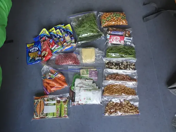 Food all setout in preparation to be packed for bikepacking