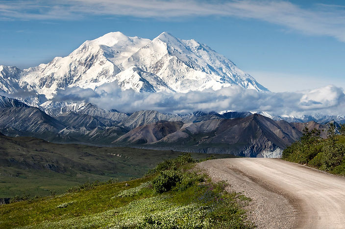 A view of Mt. Denali in the summertime in Denali National Park.