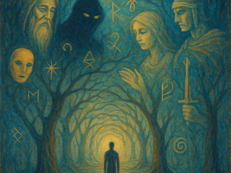 Uma paisagem onírica noturna onde um caminho de letras douradas flutuantes forma a frase "JUNG E OS ARQUÉTIPOS NOS SONHOS" em destaque no centro. Ao redor, figuras semi-transparentes emergem da escuridão - um velho sábio de barbas longas, uma sombra indistinta com olhos brilhantes, uma mulher maternal envolta em luz suave e um guerreiro silhuetado contra o luar. Pequenos símbolos antigos (mandalas, serpentes, máscaras) piscam entre as palavras secundárias "SOMBRA", "SÁBIO", "HERÓI" e "ANIMA" que orbitam o título principal. No fundo, um espelho quebrado reflete diferentes versões de um rosto adormecido, enquanto a citação "O sonho é o teatro onde o sonhador é cena, ator e público" aparece desbotada na parte inferior, como se escrita na névoa. A atmosfera geral é misteriosa mas convidativa, com tons predominantes de azul escuro, púrpura e dourado, criando uma sensação de mergulho no inconsciente.