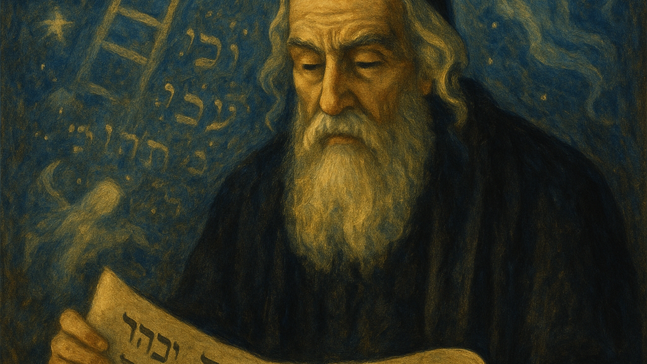 Ilustração de um sábio talmúdico estudando sonhos, com elementos místicos judaicos como a Escada de Jacó, estrelas e letras hebraicas flutuantes. Fundo em tons de azul e dourado, evocando sabedoria ancestral e espiritualidade.