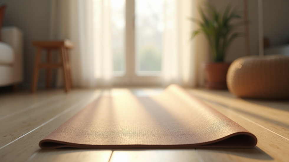 Eye-level view of a serene yoga mat set up in a peaceful home environment