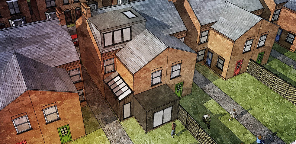 Aerial view of the he approved loft conversion and ground floor extensions at 27 Canon Street in Cherry Orchard in Shrewsbury.