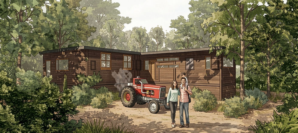 Smiling couple with a child stand by a red tractor in front of a modern wooden cabin surrounded by forest.