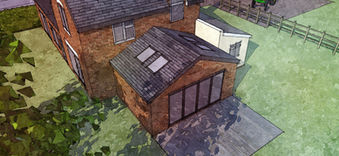 Aerial view of extensions at Meadow Farm in Wroxeter.