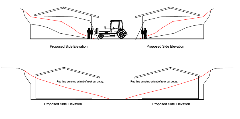 Diagram showing two proposed building side elevations. Red lines indicate rock cut areas. Includes a tractor and people silhouettes.