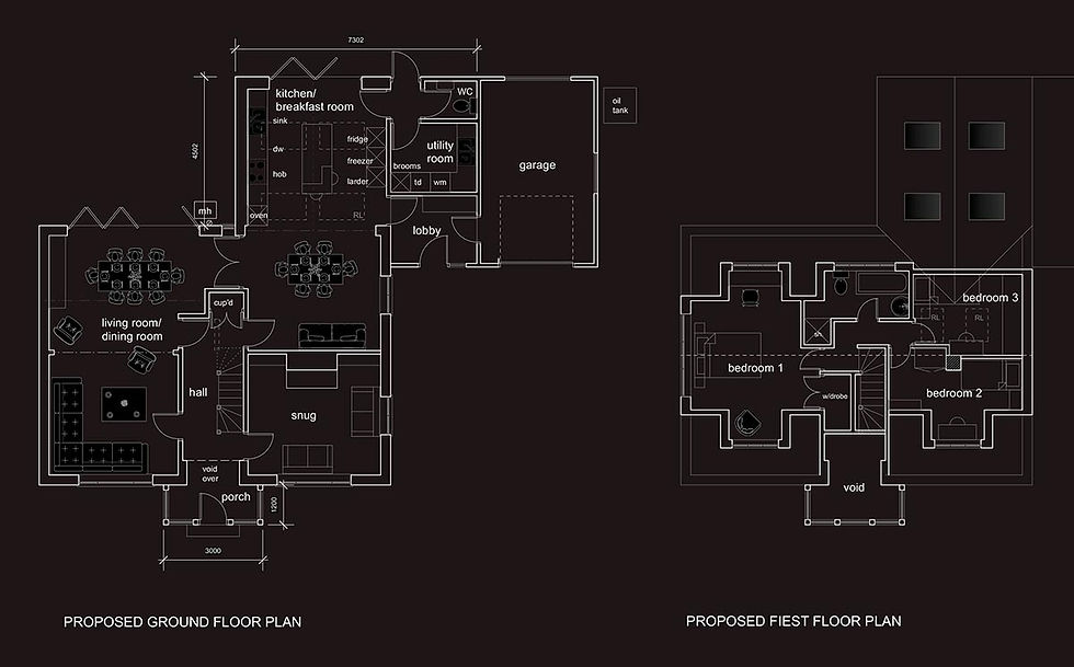Building floor plans on dark background; left shows ground floor with rooms labeled, right shows first floor with bedrooms. Text at the bottom.