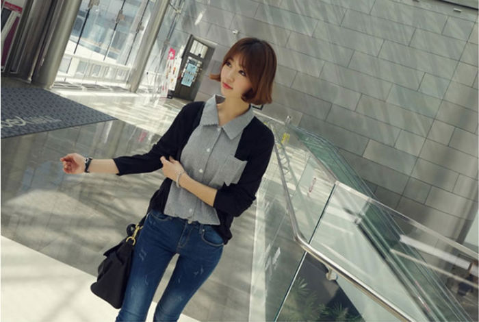 Black Gray Long Sleeved Pocket Blouse