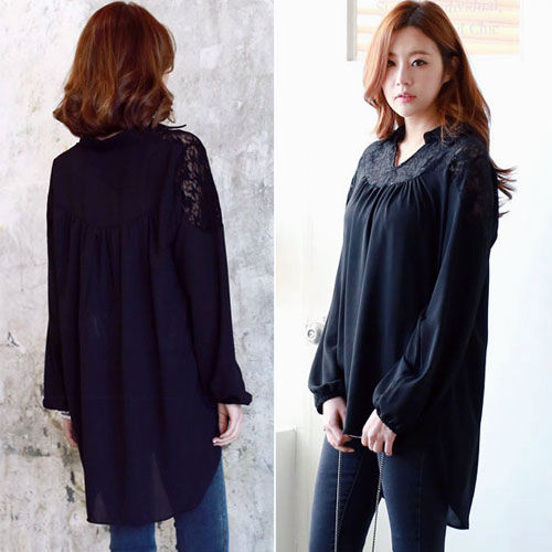 Black Long Sleeved Lace Collar Blouse -30386BK