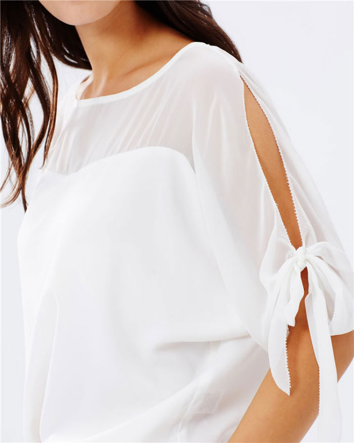 Thumbnail: White Tied Sleeved Transparant Blouse -  30427WE