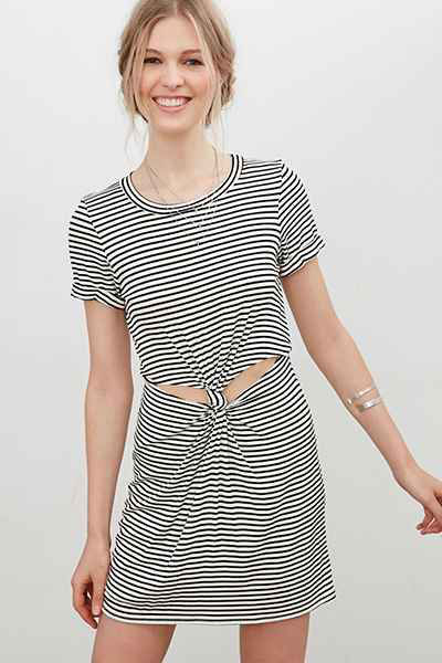 Striped Cotton Short Sleeved Exposed Belly Dress - 30440BW