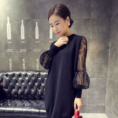Thumbnail: Black Latern Lace Long Sleeved Dress - 30123BK