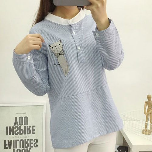 Blue Striped Cat Embroidered Long Sleeved Shirt - 30094BU