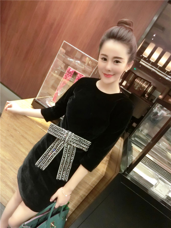 Black Bow Belt Sleeved Korean Dress