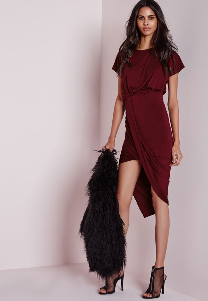 Thumbnail: Red Maroon Short Sleeved Asymmetric Dress 30392RD