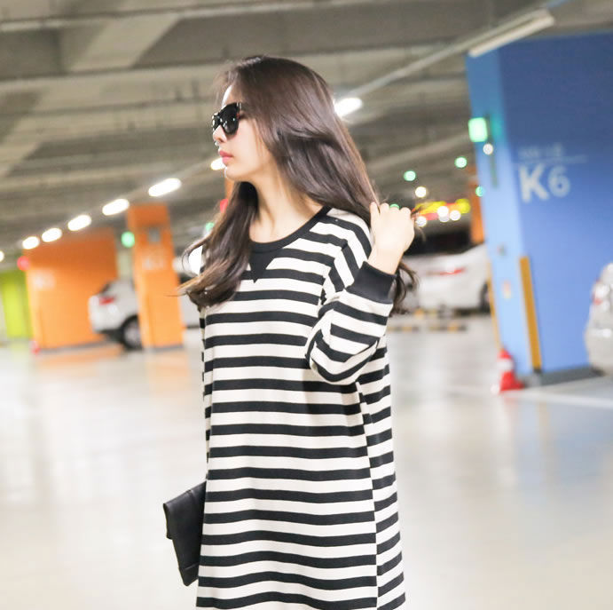 Black White Striped Long Sleeved Dress