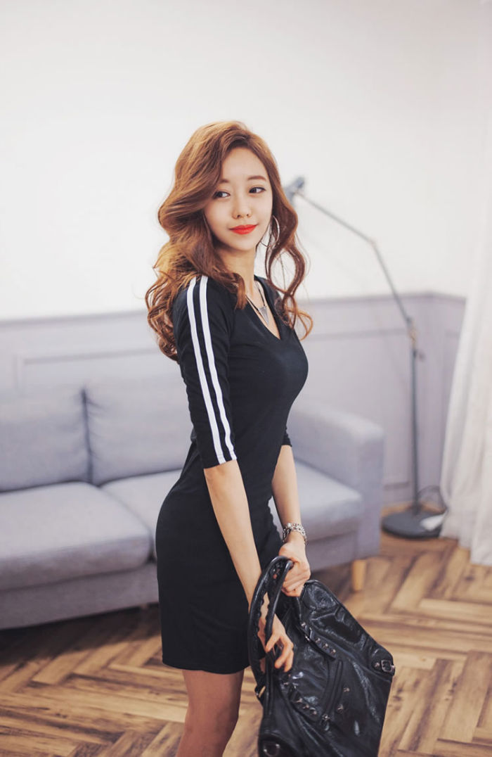 Black Half Sleeved Korean Dress - 30481BK