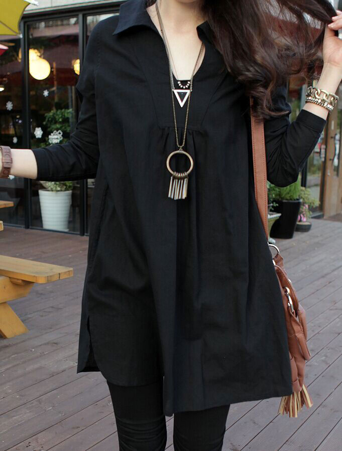 Thumbnail: Black Long Sleeved Collar Shirt - 28278BK