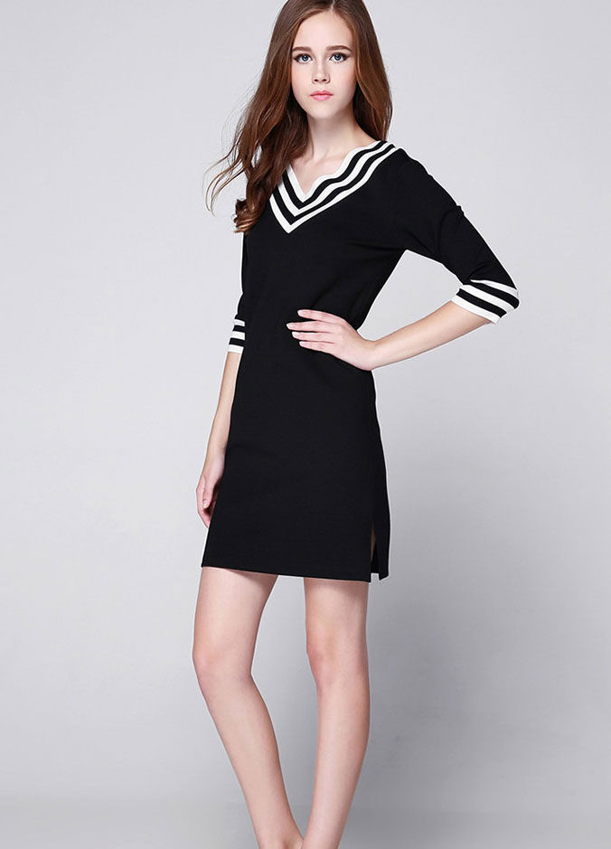 Black Half Sleeved V Neck Dress - 30334BK-L