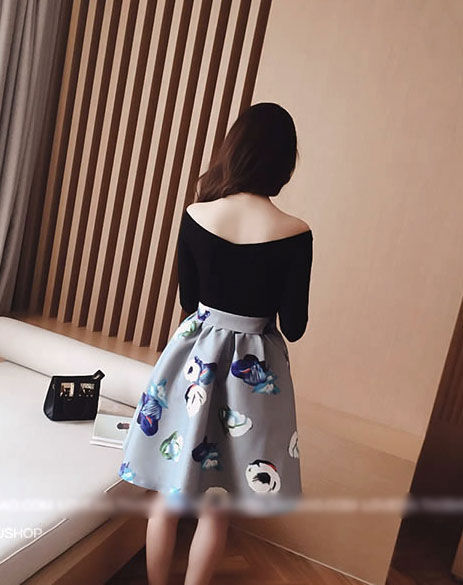 Thumbnail: Black & Black Gray  Flower Sleeved Wide Neck Korean Dress-27327BK -GY