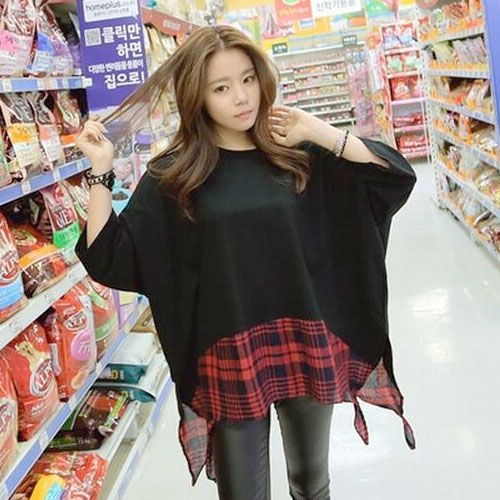 Black Red Plaid Sleeved Loose Shirt - 30100BK