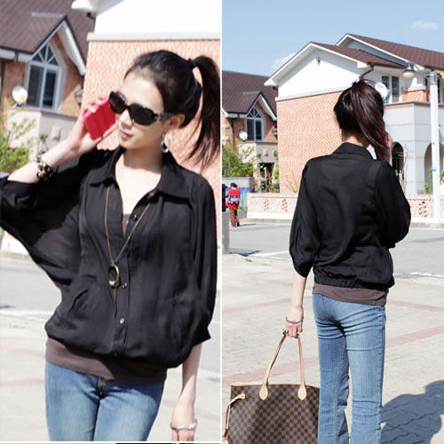 Black Bat Sleeved Loose Shirt - 28953BK