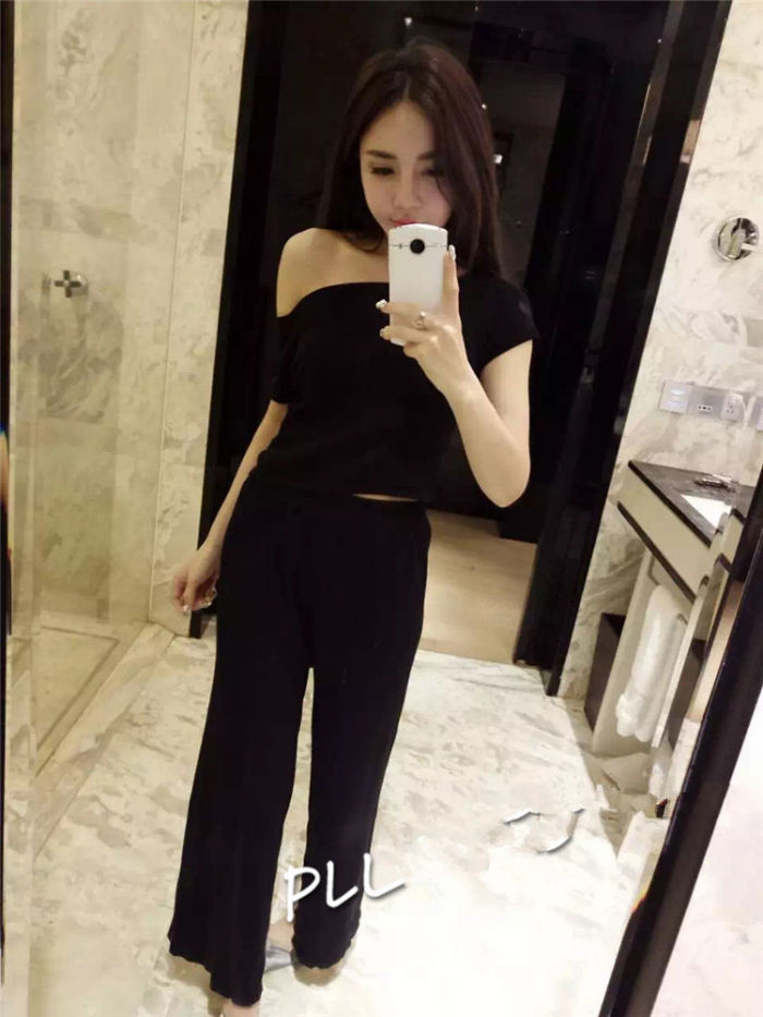 Black Strapless Short Sleeved Top and Trousers - 30625BK