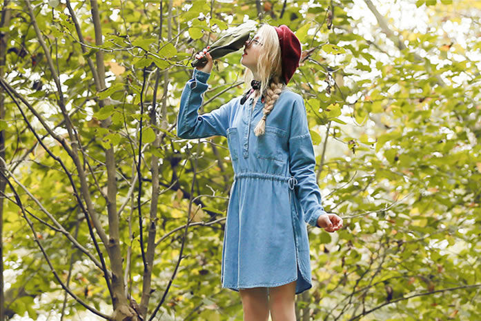 Blue Jeans Long Sleeved Pocket Drawstring Dress