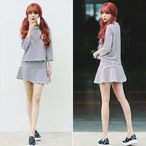 Black White Striped Sleeved Shirt and Skirt - 28685BW