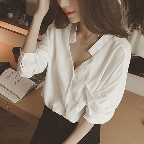 White Long Sleeved V Collar Blouse - 30095WE ( SOLD OUT )