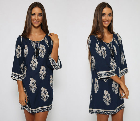 Blue 3/4 Sleeved Floral Printing European Dress - 30458BU-M