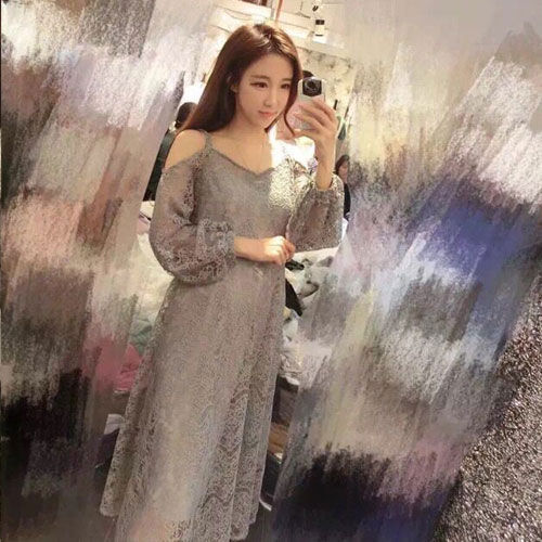 Gray Lace Long Sleeved Dew Shoulder Long Dress - 30128GY